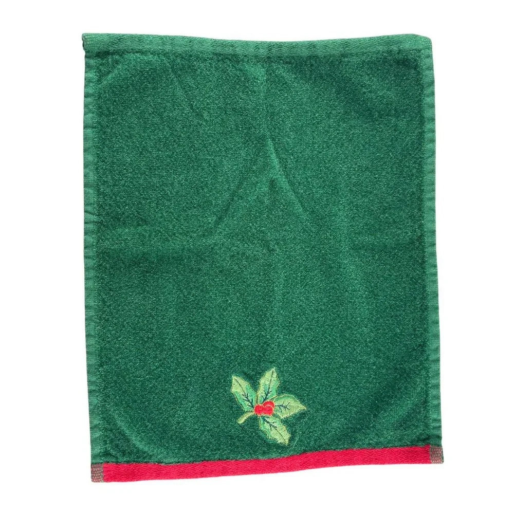 Holiday Christmas Hand Towel Green Red Holly Embroidered Kitchen Decor